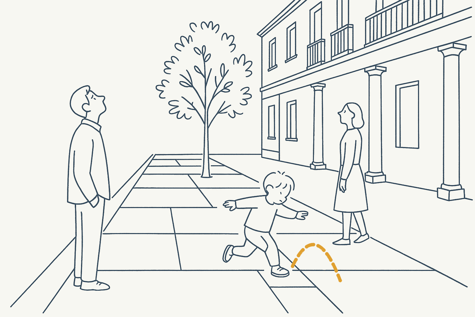 Line drawing of a pedestrian street paved with large stone slabs. A man on the left looks up at a tree; a woman on the right looks at a building with columns and balconies; between them a small child hops from slab to slab with arms out for balance, and the child's next hop, from one slab over a paving line onto the next, is drawn as a dashed amber arc, the only warm color in the picture.
