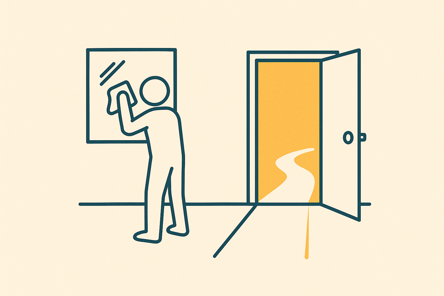 A figure polishing an already spotless window while an open amber door stands beside them