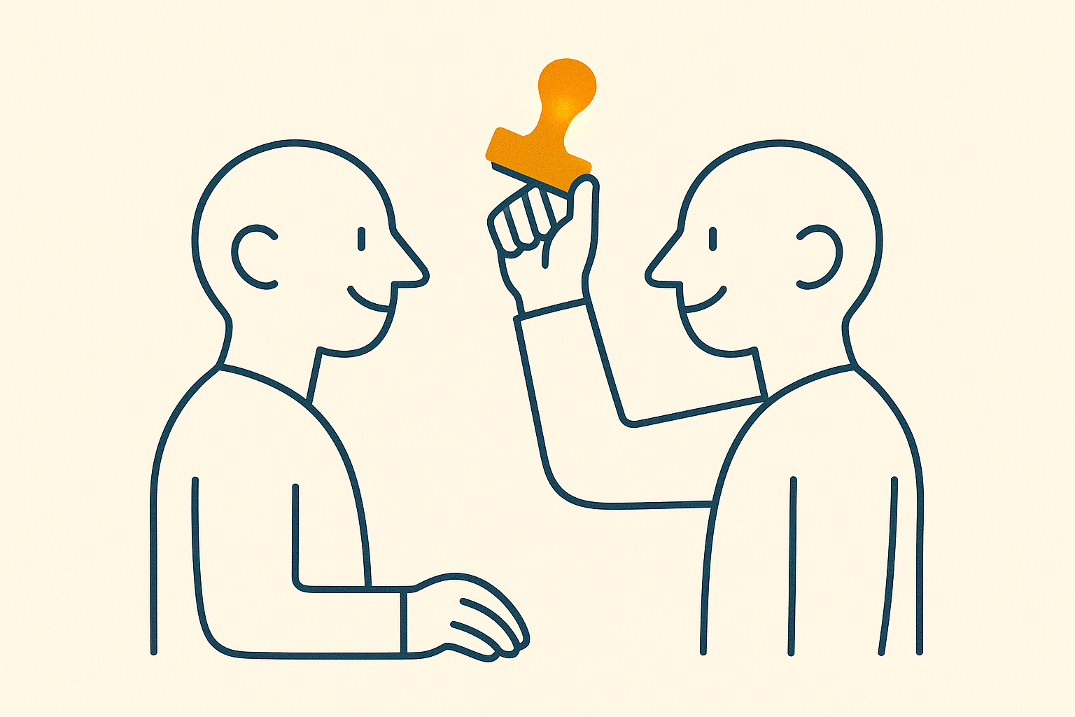 Two identical figures nod in endless agreement while one holds an amber stamp, raised but never used