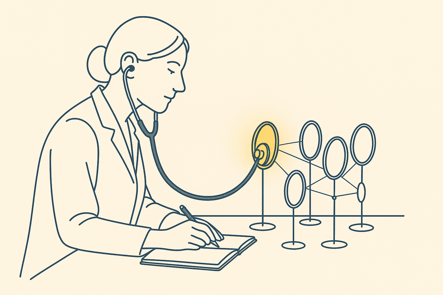 A calm scientist in a lab coat sits at a desk taking notes, a stethoscope in her ears, its chest piece resting on one glowing amber hand mirror that is connected by thin threads to a small network of other mirrors on stands.