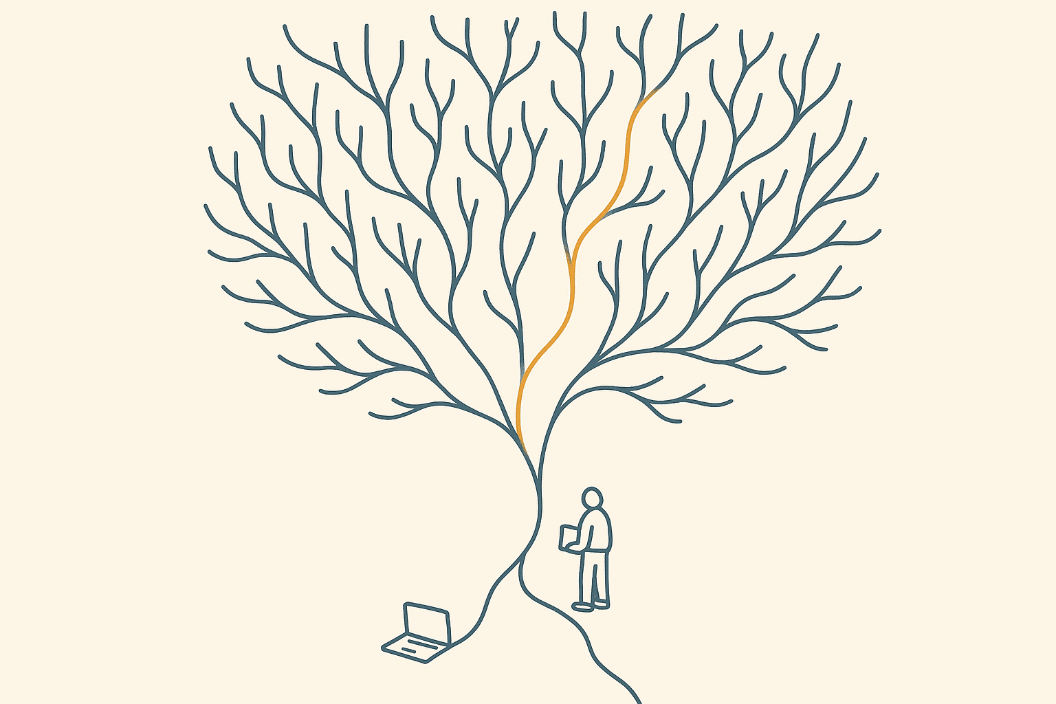 Seen from above, a single path starts beside a small laptop and splits again and again into a wide tree of forking branches. A small figure holding a notebook stands at the first fork. One path glows amber from the fork to the top.