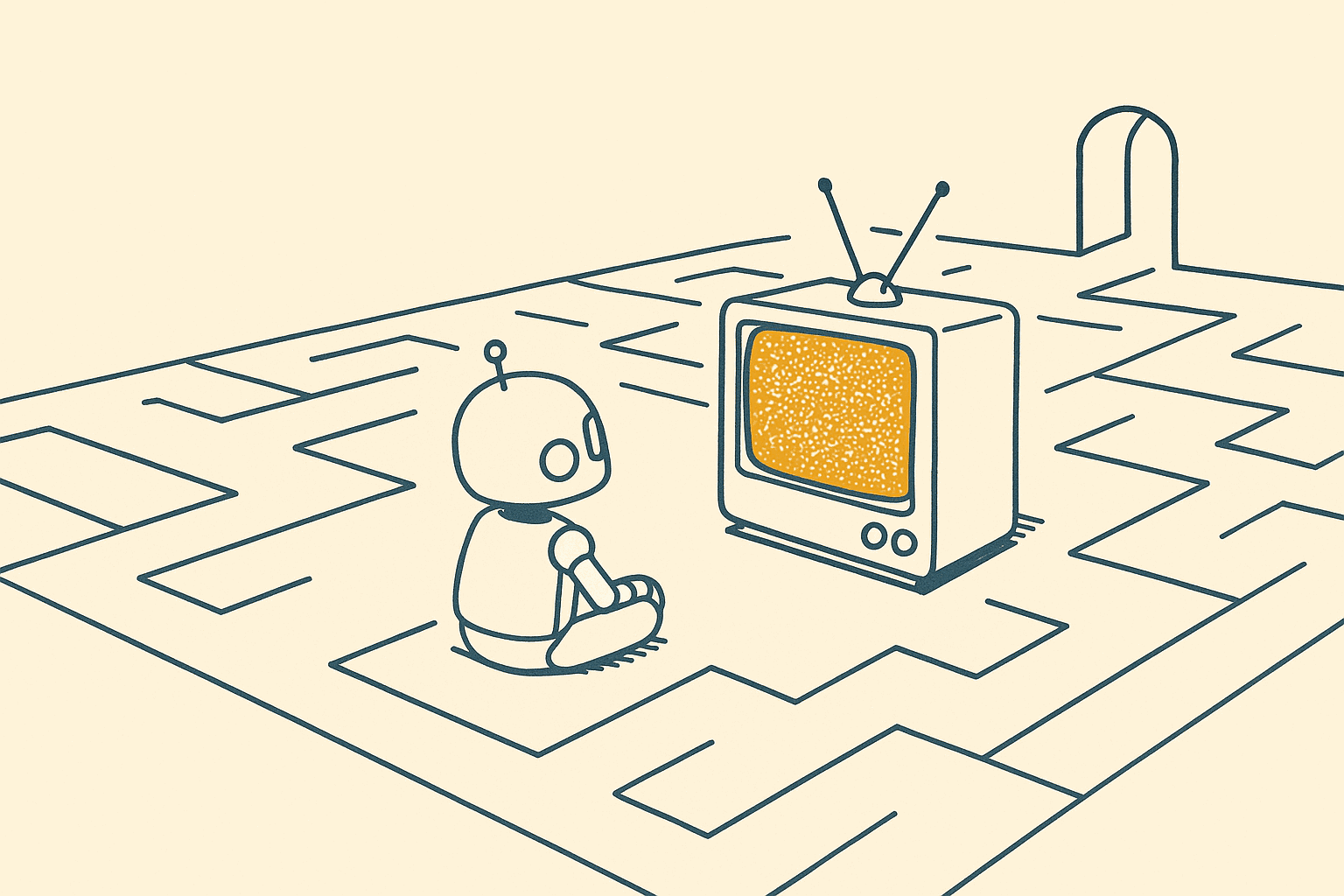 Line drawing of a small robot sitting cross-legged on the floor of a maze, facing an old television whose screen glows amber with random static. Behind them, the maze's open exit arch stands ignored.
