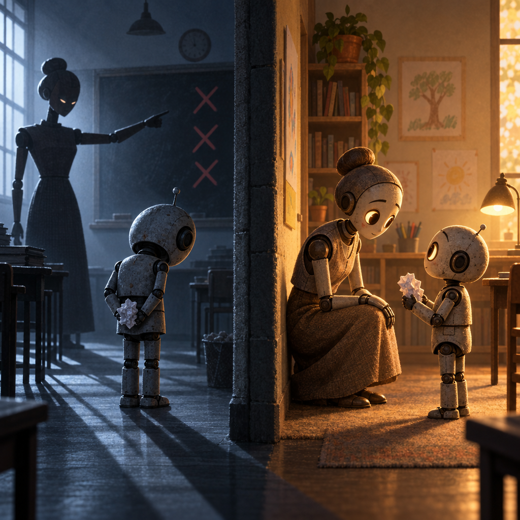 A dim punitive classroom where a robot child hides a crumpled paper behind its back, beside a warm classroom where a teacher kneels at eye level as the child openly shows the crumpled paper