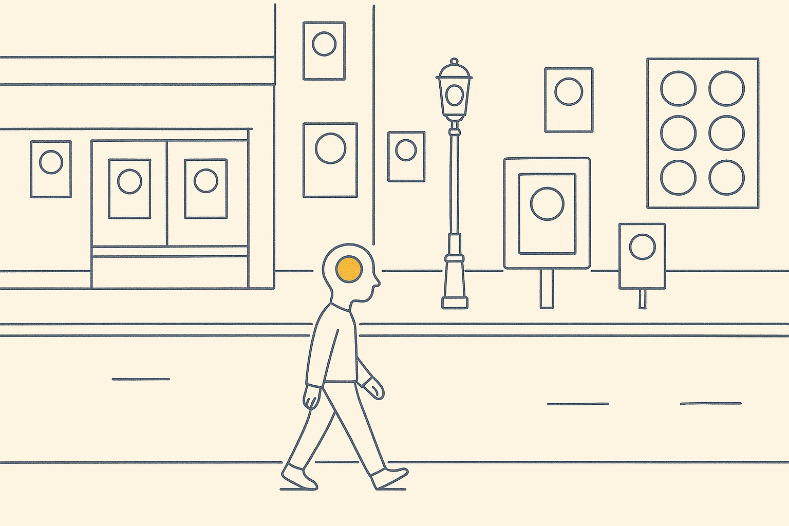 Line drawing of a quiet street. Every wall, window, lamppost and signboard carries the same poster, a plain empty circle, repeated over and over. A small person walks along the pavement, and inside the outline of their head sits one copy of the circle, filled in amber, the only warm color in the picture.