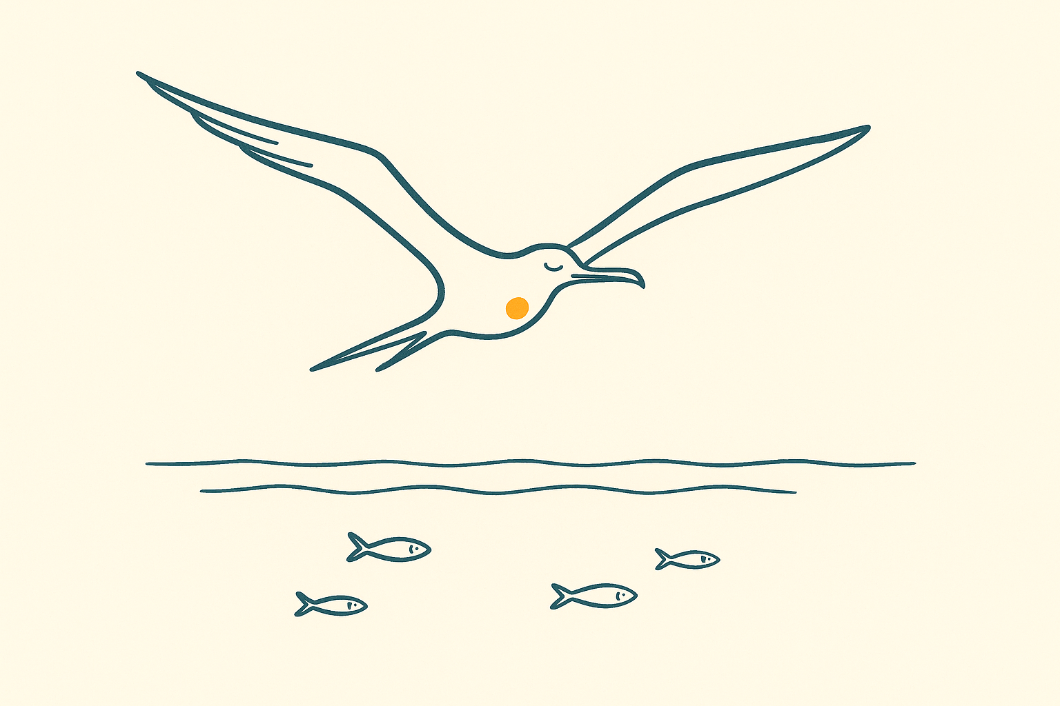 A frigate bird asleep in flight above a thin line ocean, one eye a closed arc, a small amber dot glowing in its chest