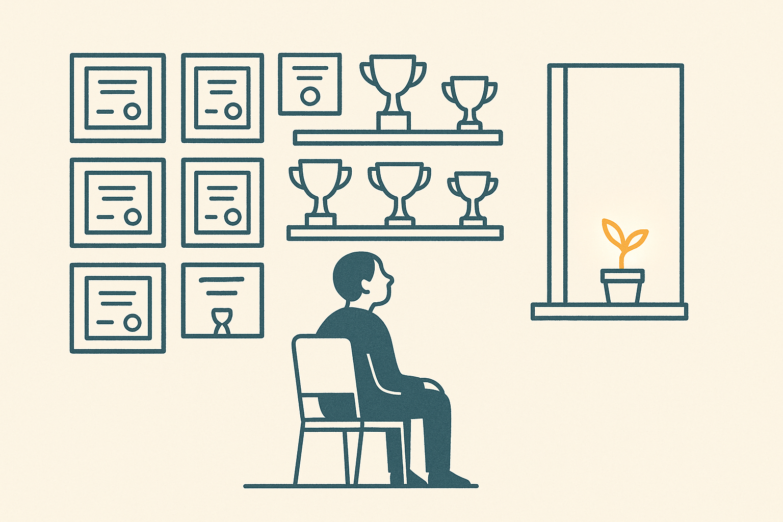 A figure sits facing away from a wall of gray framed certificates toward a small amber seedling glowing on the windowsill
