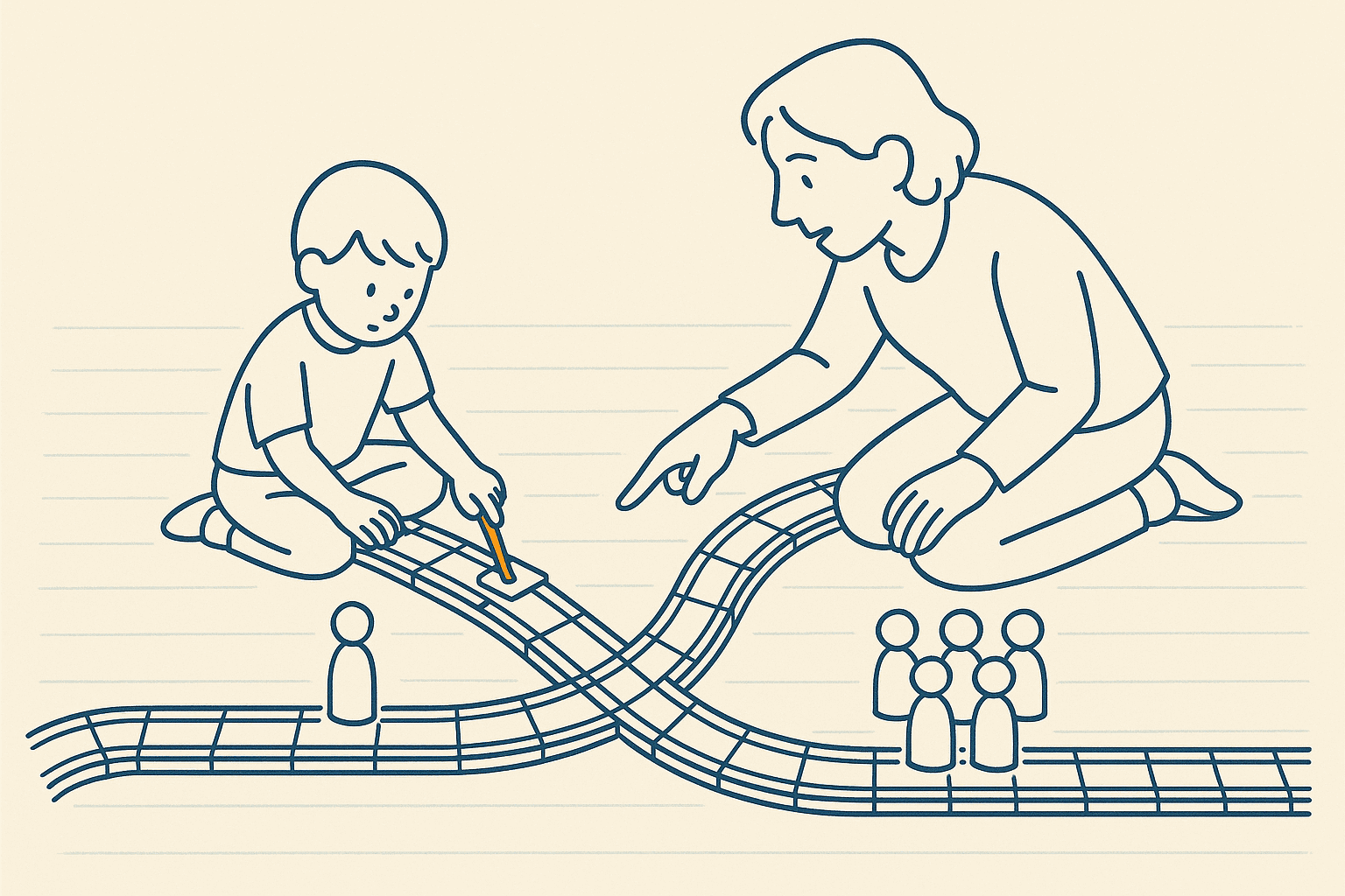 Line drawing of a child and a parent kneeling on a floor around a toy wooden railway. Two tracks cross. One wooden peg figure stands by one track and a small crowd of five stands by the other. The child holds a small switch lever, the only amber element, while the parent points at the junction, talking it through.