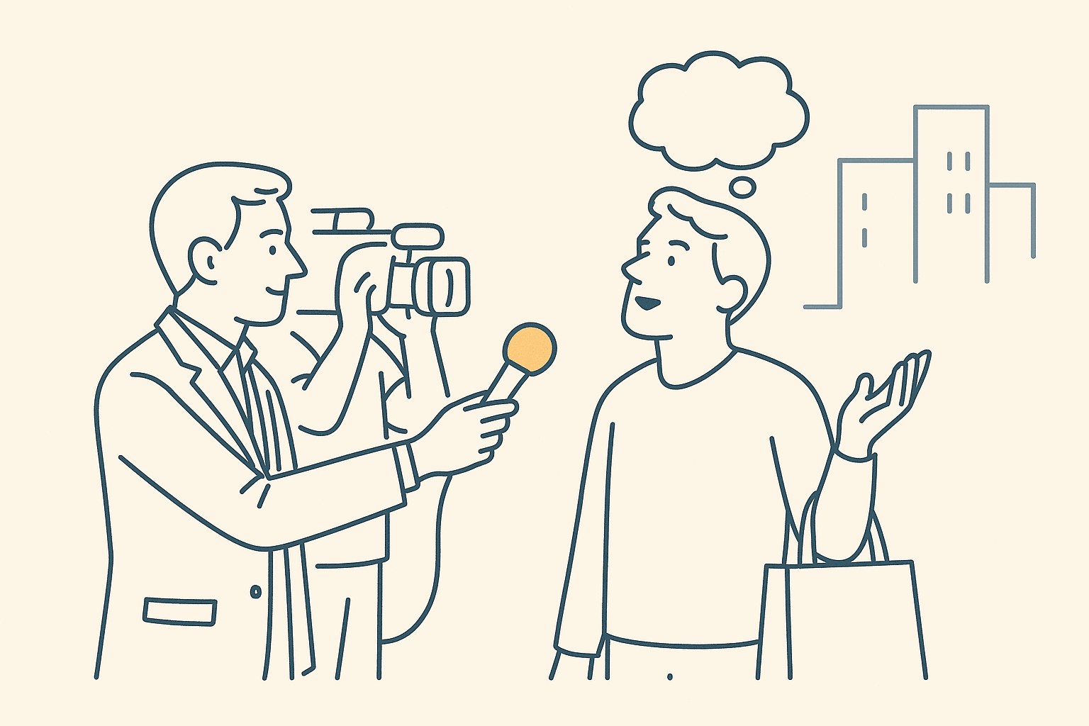 Line drawing of a street interview. A television host in a jacket holds out a microphone with an amber head while a camera operator films over his shoulder. A passer-by with a shopping bag answers with an open, confident hand gesture. Above the passer-by floats a thought cloud with nothing inside it.