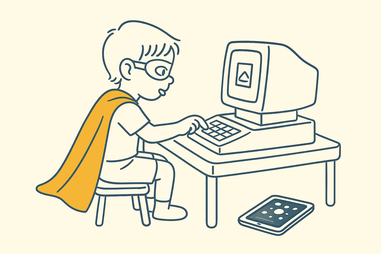 A small child in a homemade cape and eye mask sits at a low table, pressing a key on a simple old computer with total focus, while a tablet with a glowing game lies ignored on the floor. The cape is the only amber element.