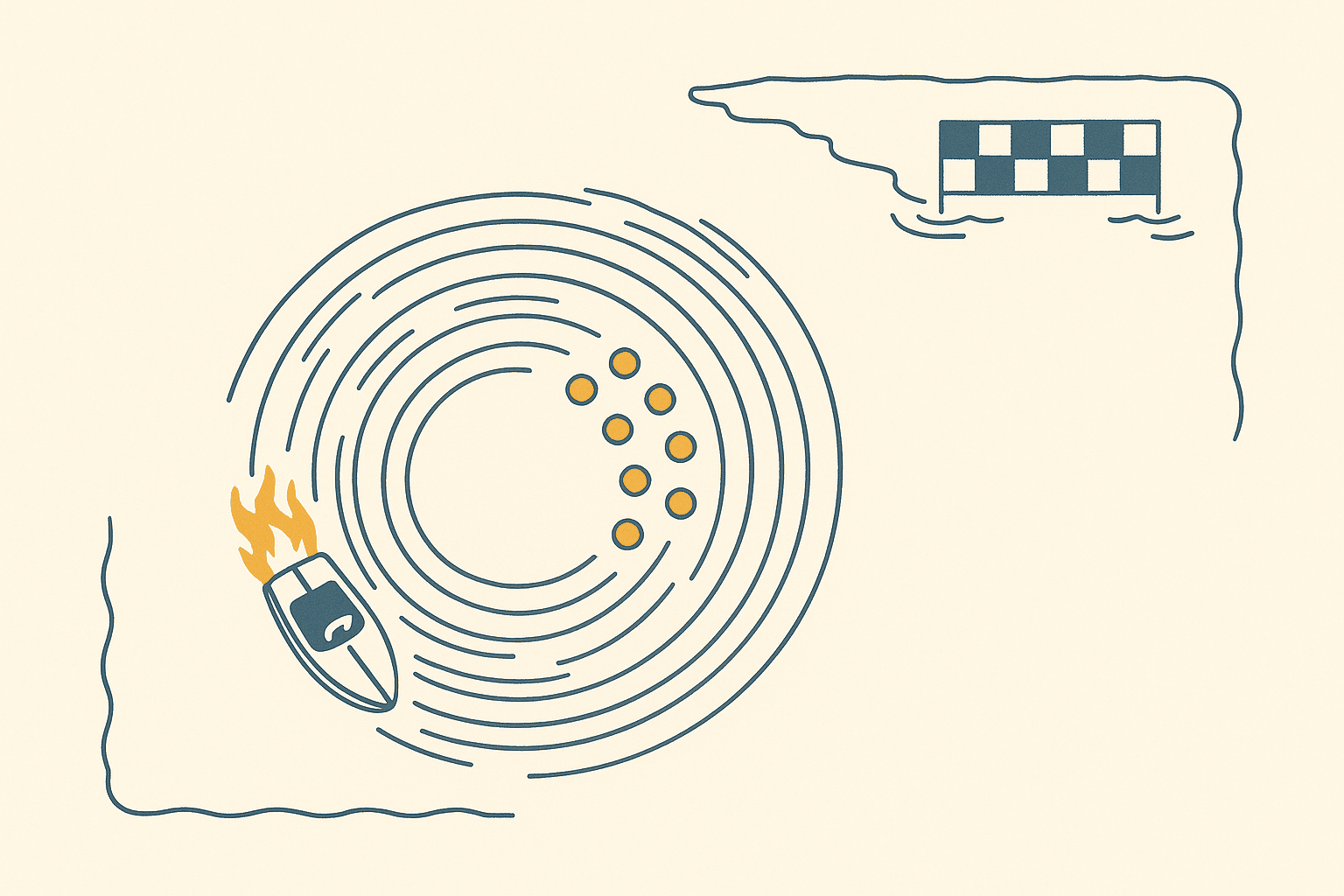 Top-down line drawing of a small racing boat circling in a tight spiral in one corner of a lagoon, collecting a cluster of glowing amber point tokens while its stern burns in amber flames. In the far corner a checkered finish line floats untouched.