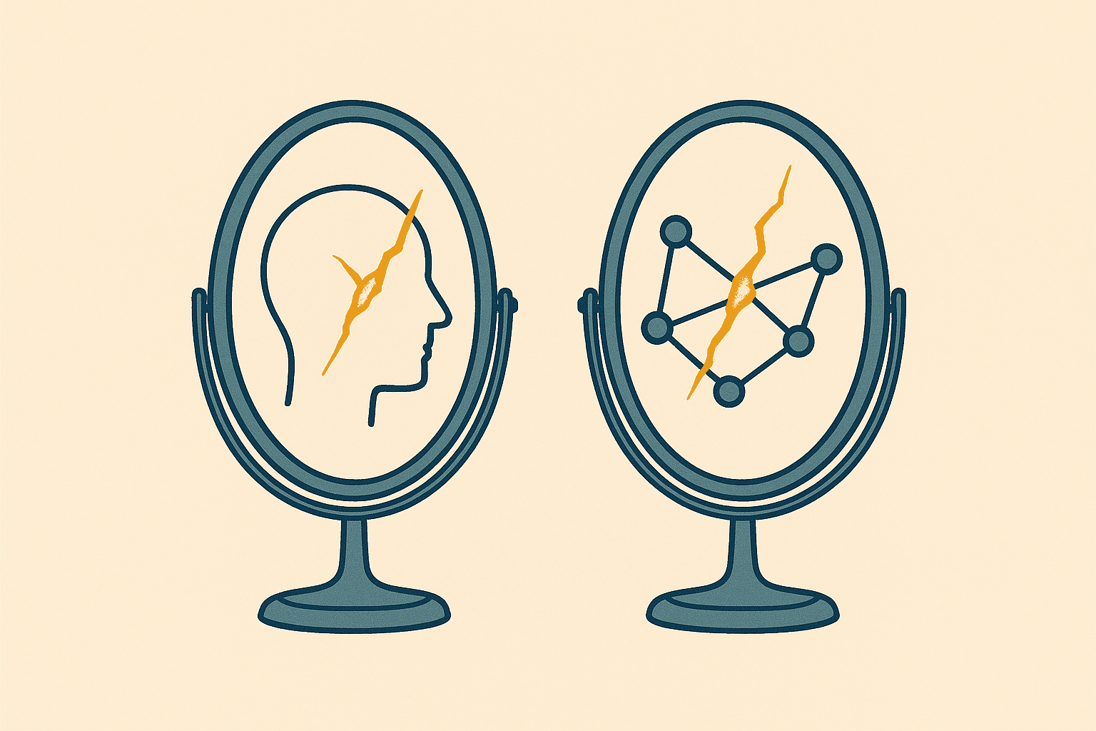 Two oval hand mirrors stand side by side. The left one reflects a human head in profile, the right one a small network of connected dots. The same jagged crack, glowing amber, runs through both glasses in the same place.