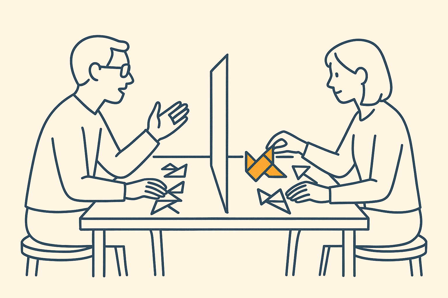 Two people sit at a table divided by a tall screen, so neither can see the other's side. Each has a few loose tangram pieces in front of them. The man on the left gestures as he describes a figure; the woman on the right listens and moves one tangram figure into place. That figure is the only amber element.