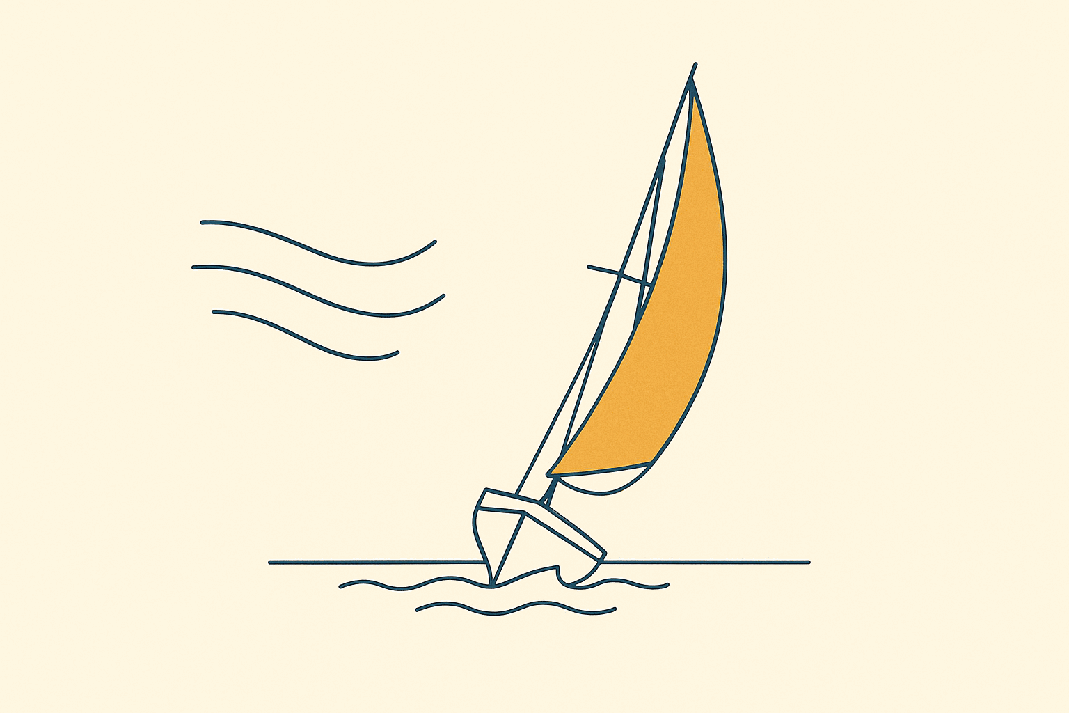 A small sailboat heels over with its amber sail already trimmed, while a few curved lines of wind are still approaching across the water from the left.