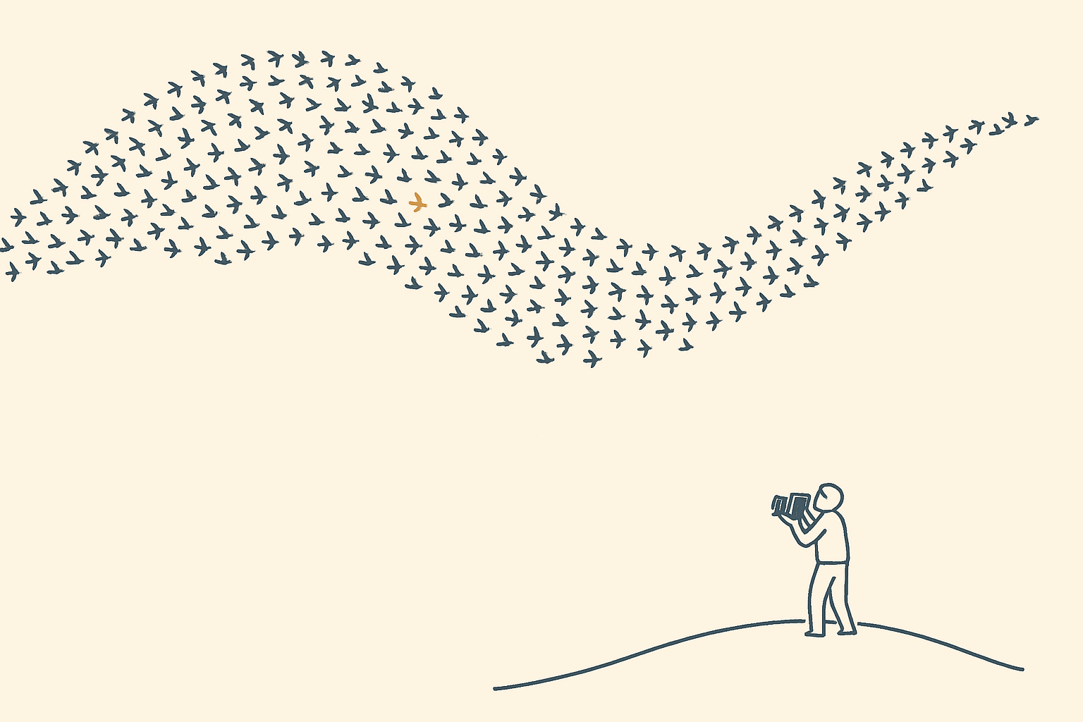 Hundreds of small birds form one long flowing wave across the sky. Far below, a person on a low hill raises an old box camera toward the flock. One bird, the one the camera points at, is amber.