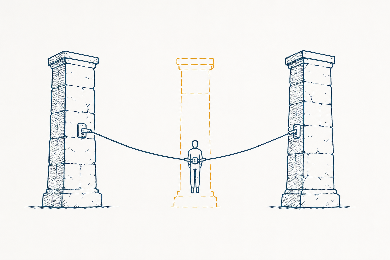 Two heavy pillars labeled by implication as competing powers on the left and right, a cable running from each into a small figure in the middle who is plugged in rather than standing on its own ground, and a third, unbuilt pillar sketched in amber outline between them, the path not yet taken.
