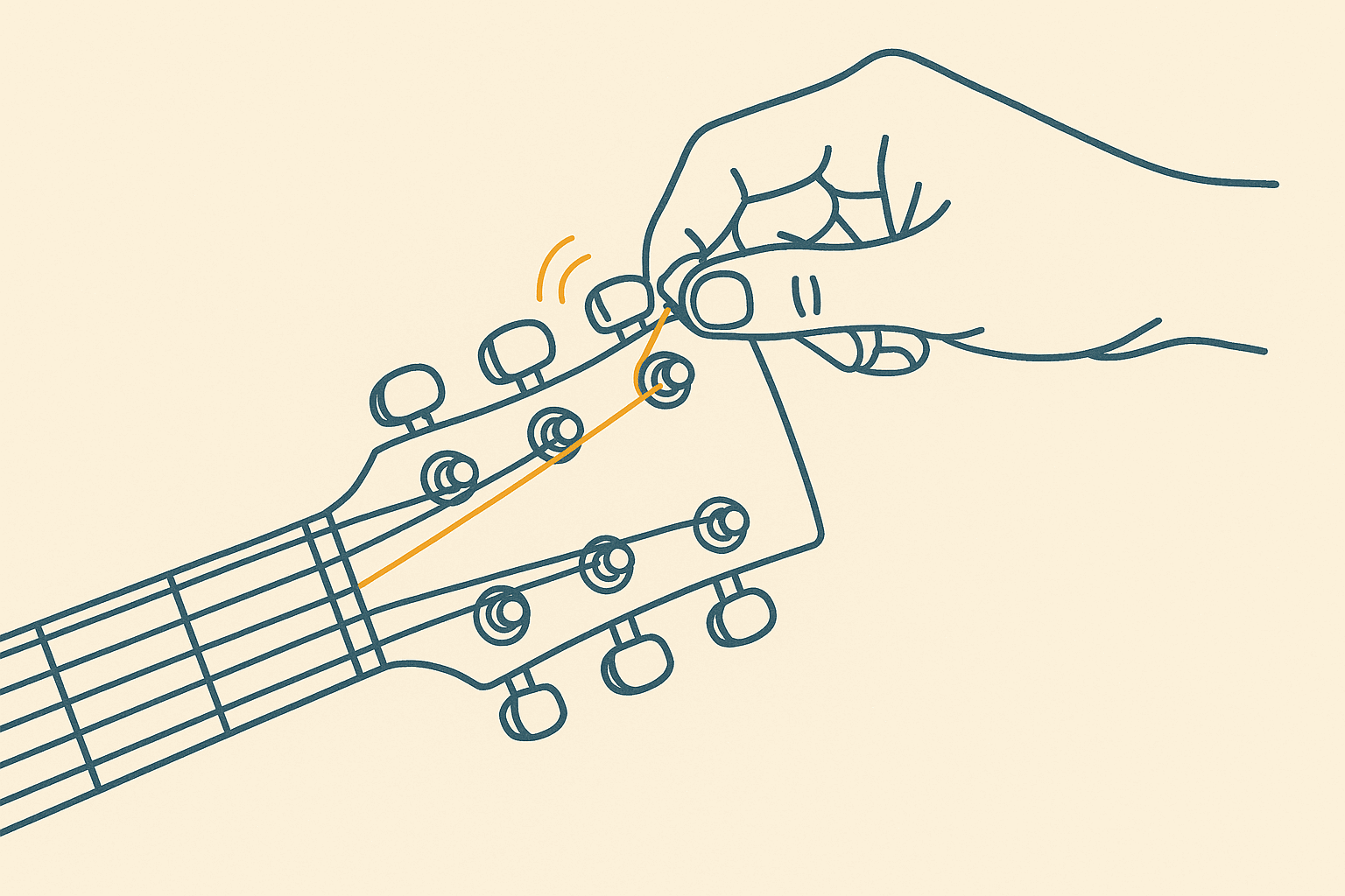 Line drawing of a hand turning one tuning peg on a guitar headstock. The string attached to that peg is drawn in amber, with small curved lines showing it vibrating, while the other strings stay slate.