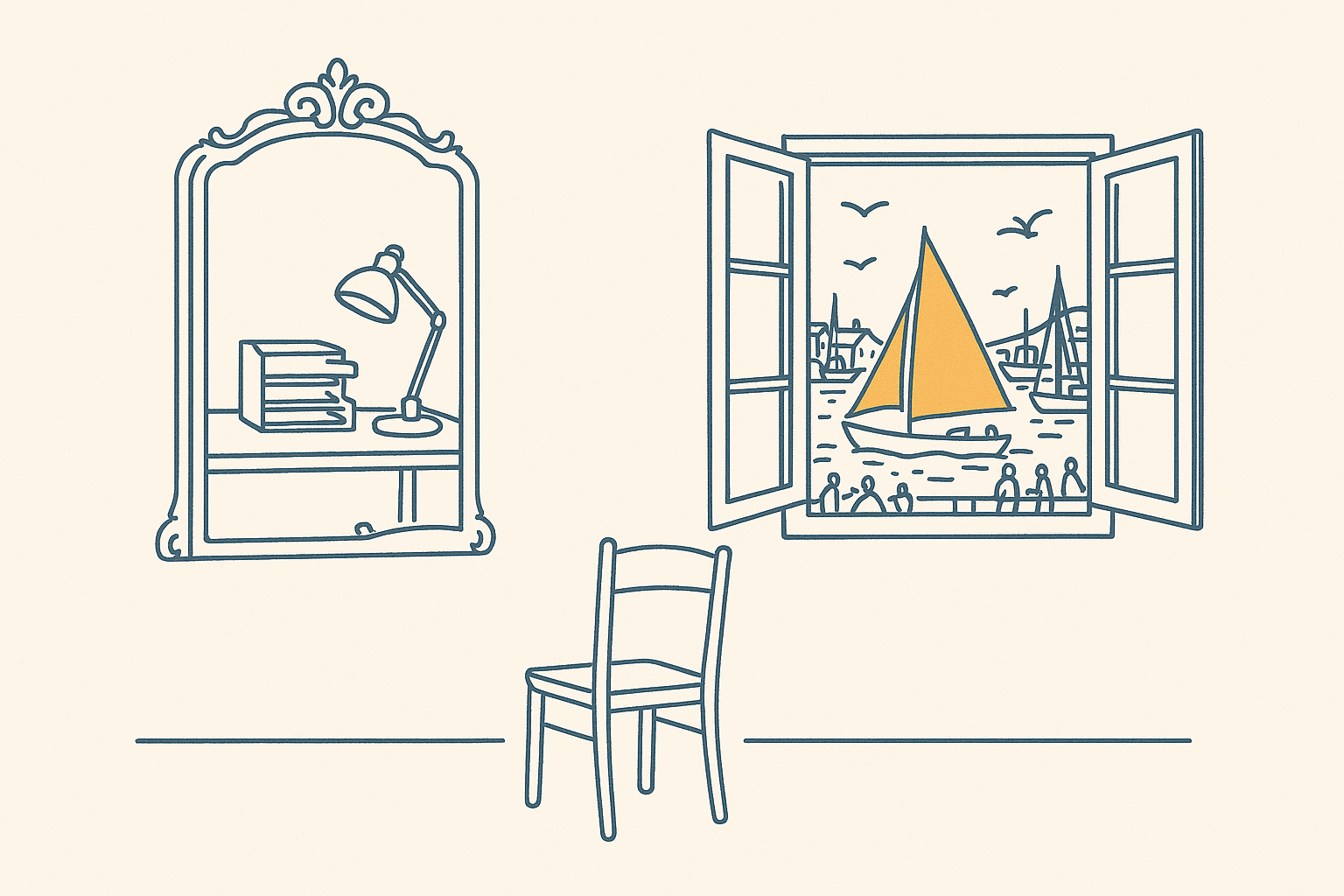Line drawing of a wall with an ornate mirror on the left and an open window on the right. The mirror reflects a tidy desk with stacked folders and a lamp. The window opens onto a busy harbor with people, gulls and boats, one with an amber sail. An empty chair stands between them, turned toward the mirror.
