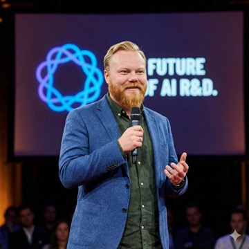Dima Levin speaking on stage at an AI industry event, Cone Red 'Future of AI R&D' backdrop visible behind him.