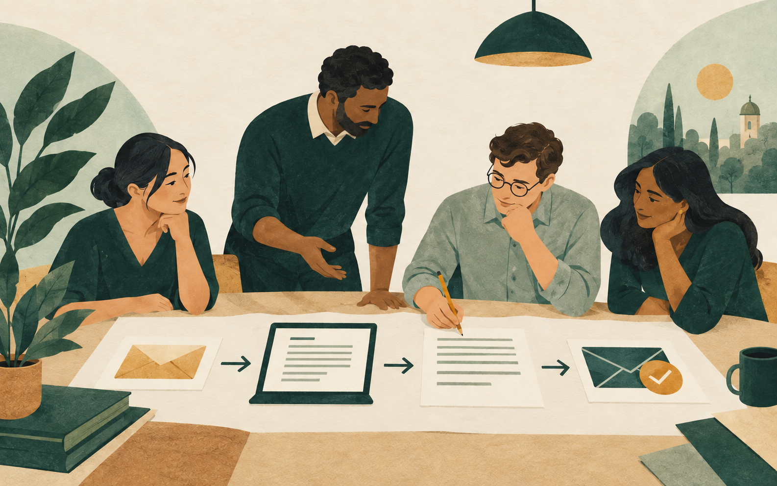 Illustrated classroom workbench: a practitioner teaching students how to design and check an AI-assisted business workflow.