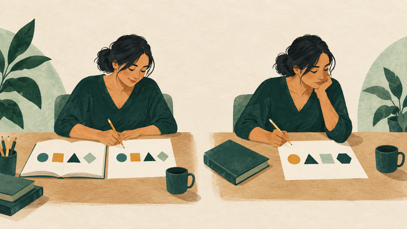 Exam analogy: on the left, a student with an open book solves a matching problem; on the right, the same student with a closed book faces a new problem. The skill that survives is the point.